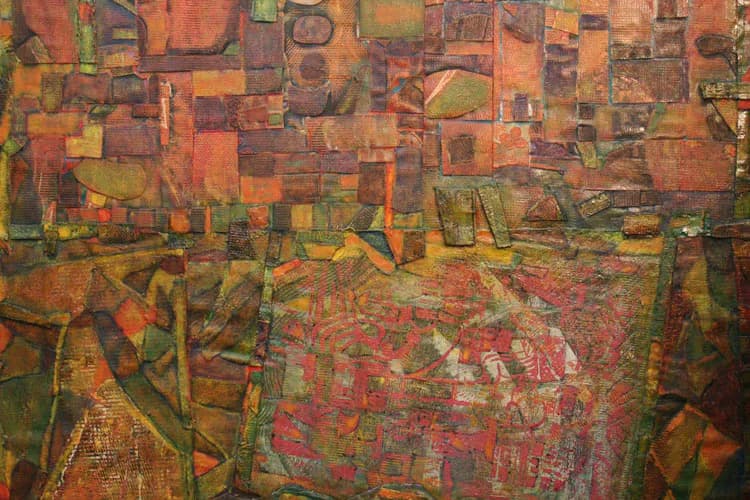 Mixed-media abstract composition with layered orange, red, green, and yellow geometric shapes and organic forms creating depth and texture.