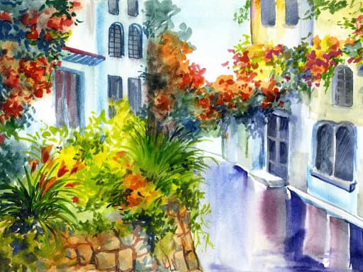 Watercolor painting of a Mediterranean village street with white buildings, colorful flowering vines in red and orange, and lush green foliage.