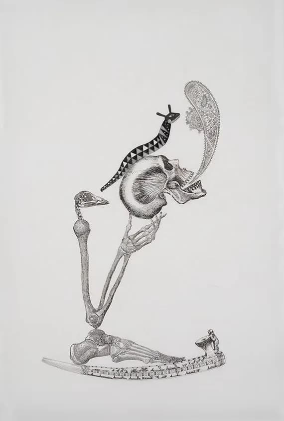 Detailed pen and ink drawing of assembled skeletal and animal forms in a surreal composition