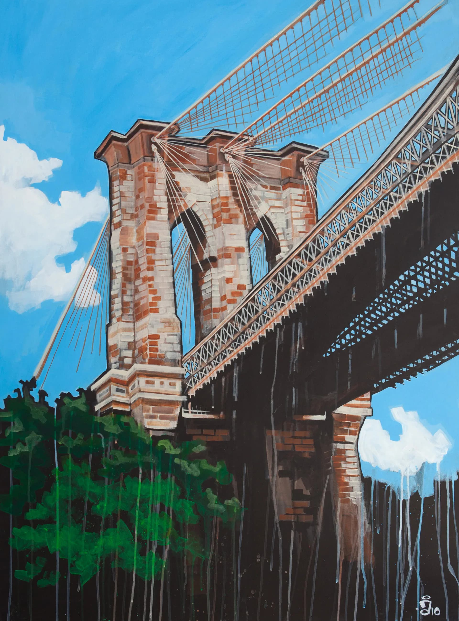 Large-scale acrylic painting of the Brooklyn Bridge tower viewed from below with drip effects and green trees