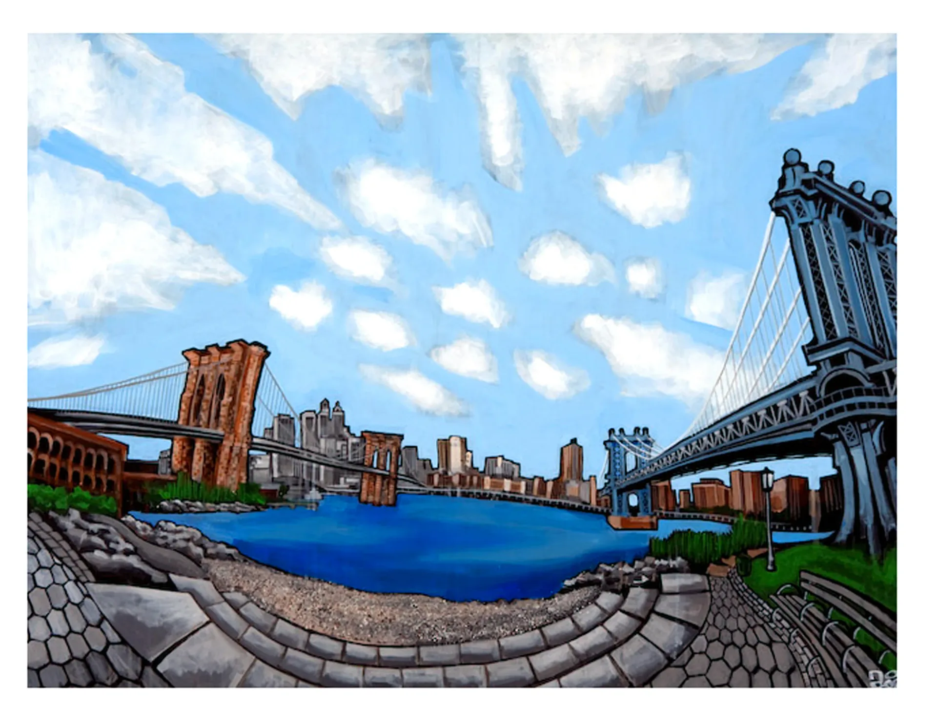 Large acrylic painting of Brooklyn and Manhattan bridges viewed from the waterfront with vivid blue sky and river