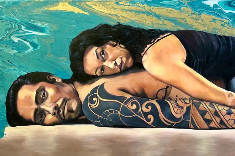 Two figures reclining in turquoise water against a yellow sky; one with decorative gold patterning on torso. Mixed-media painting.
