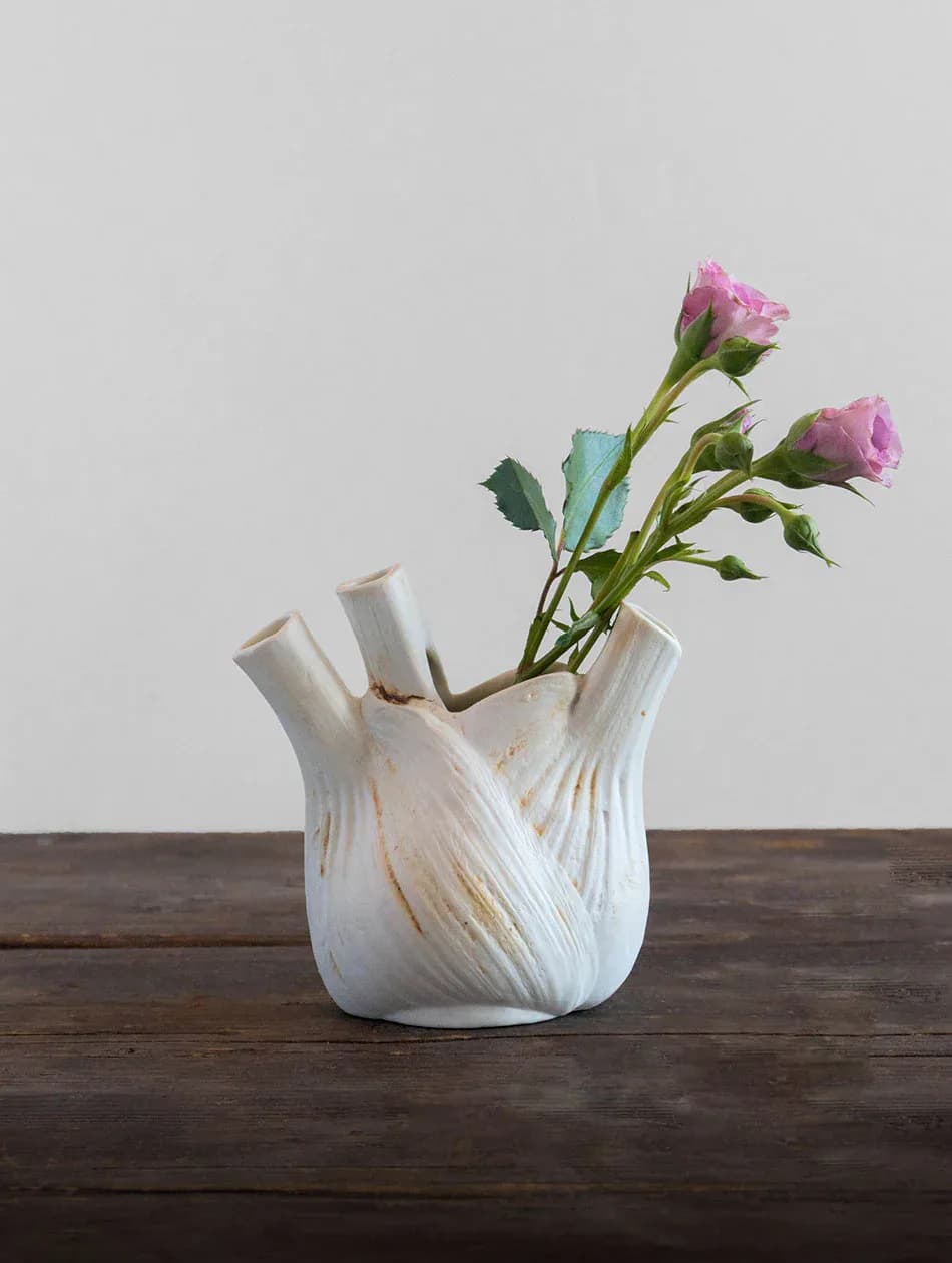 White ceramic fennel-form vase with pink roses on dark wood surface
