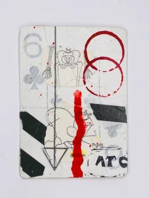 Mixed media playing card with pelvis anatomy drawing, red rings, and diagonal black stripe elements
