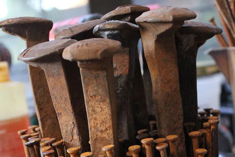 Close-up of rusty metal nails or spikes arranged upright, showing weathered brown surfaces and oxidized texture in mixed-media composition.