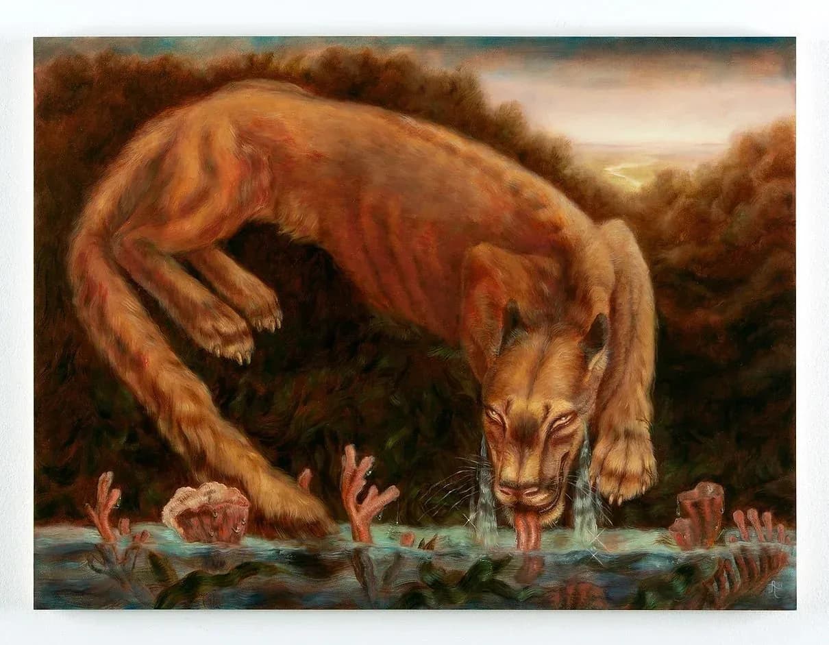 Surrealist oil painting of a large feline drinking from water with coral-like forms emerging from the surface