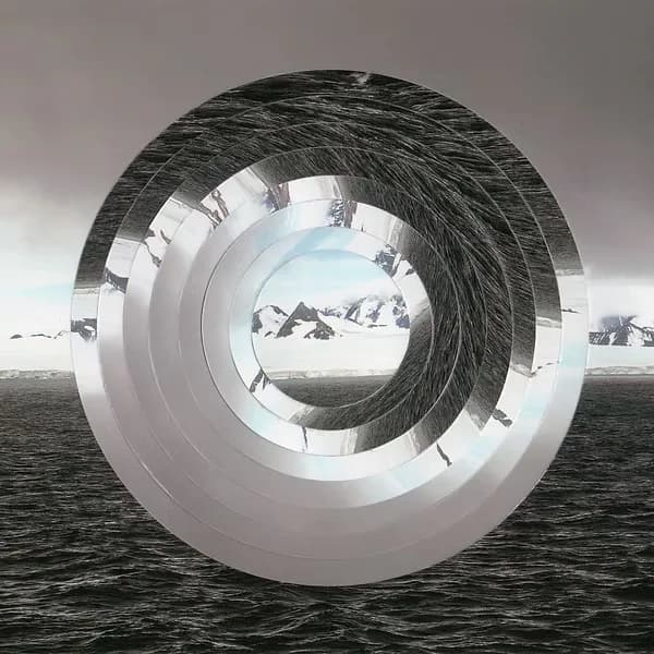 Digital artwork of a concentric circular metallic form hovering over a dramatic ocean landscape with mountains
