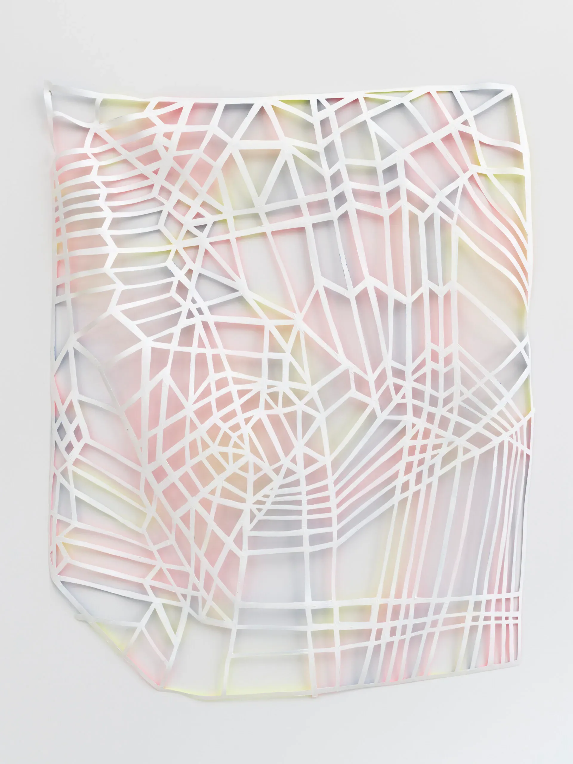 Translucent white paper-cut layered artwork with soft pink, yellow, and gray tones creating an abstract linear pattern, mounted on a curved surface.