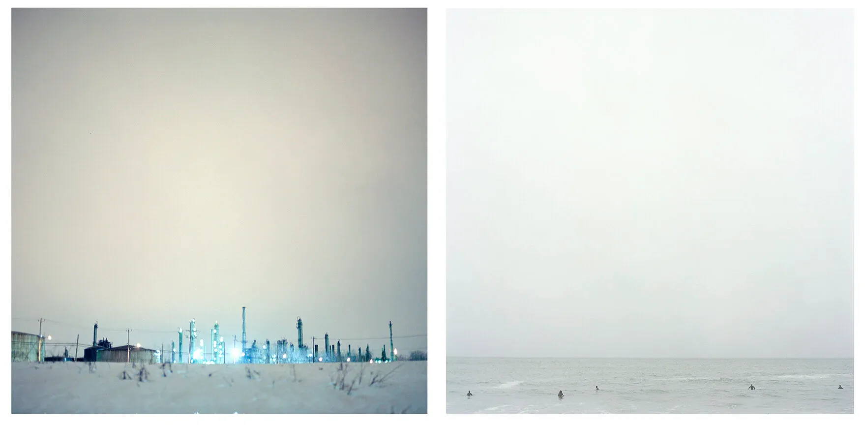 Diptych of a glowing industrial refinery in snow at night paired with surfers in a grey misty ocean