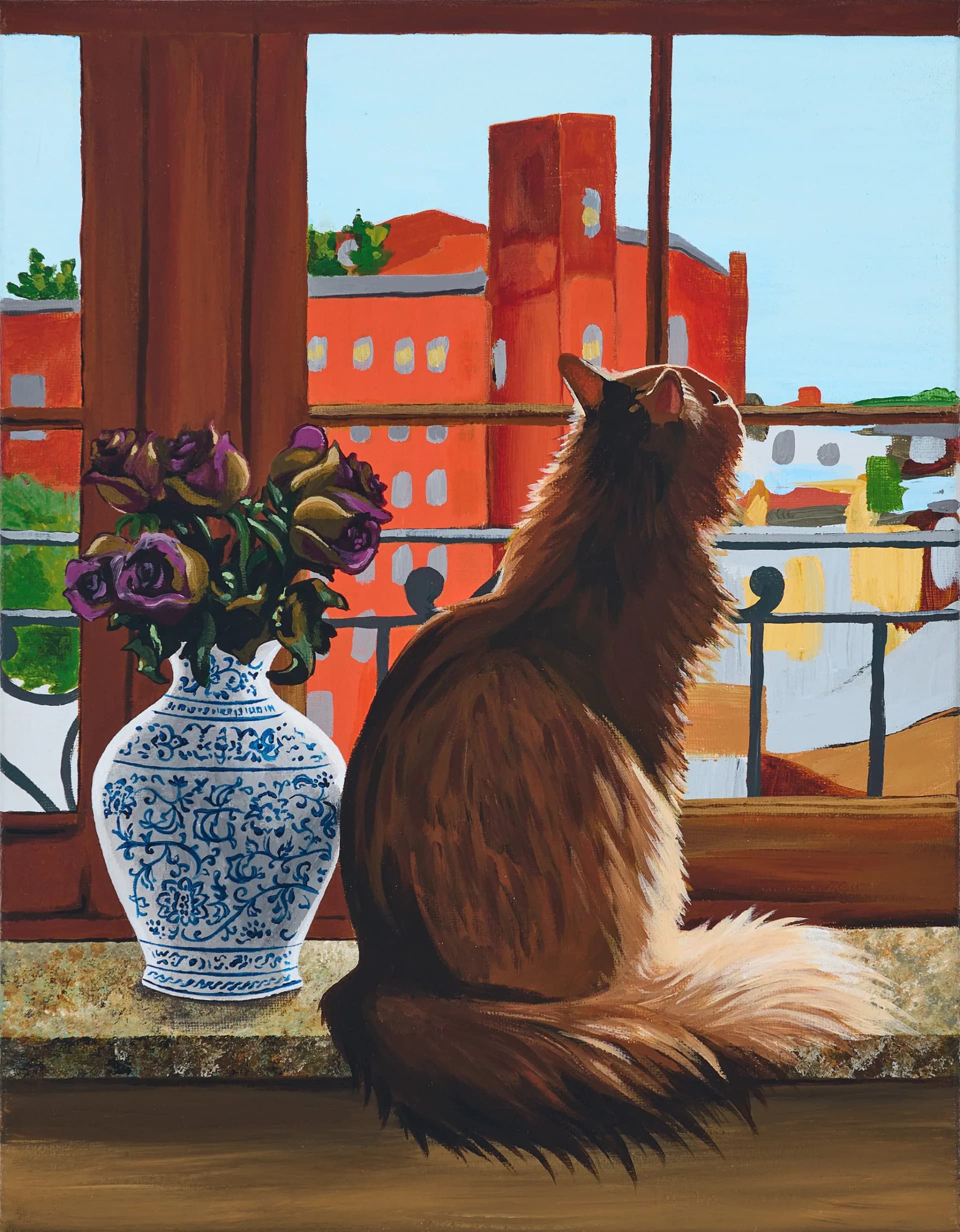 Painting of a long-haired brown cat sitting on a windowsill, gazing at a blue-and-white porcelain vase with purple flowers, with red buildings visible outside.