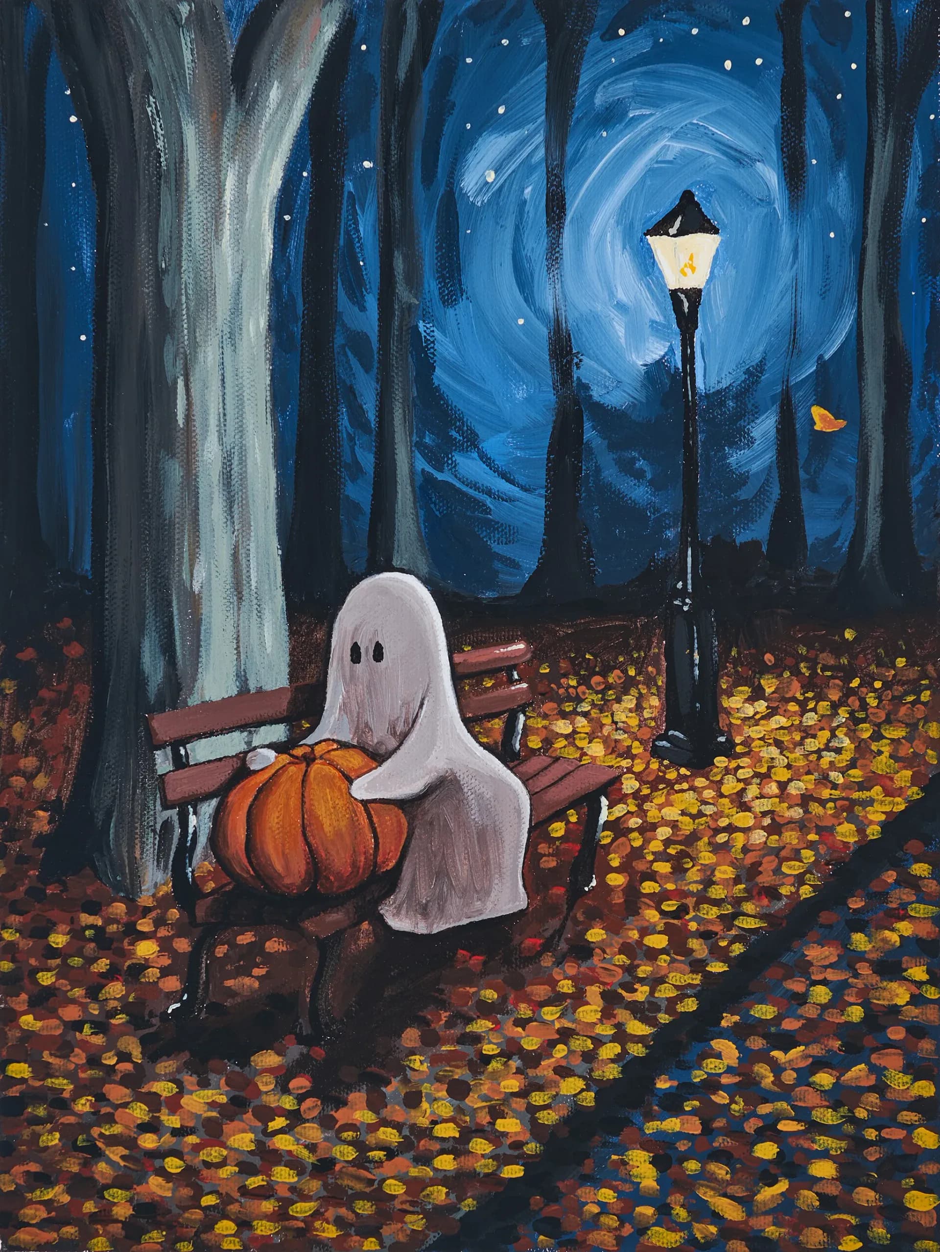 Painting of a ghost in white holding a pumpkin, sitting on a bench in a dark forest with glowing leaves and a street lamp, under a starry blue sky.