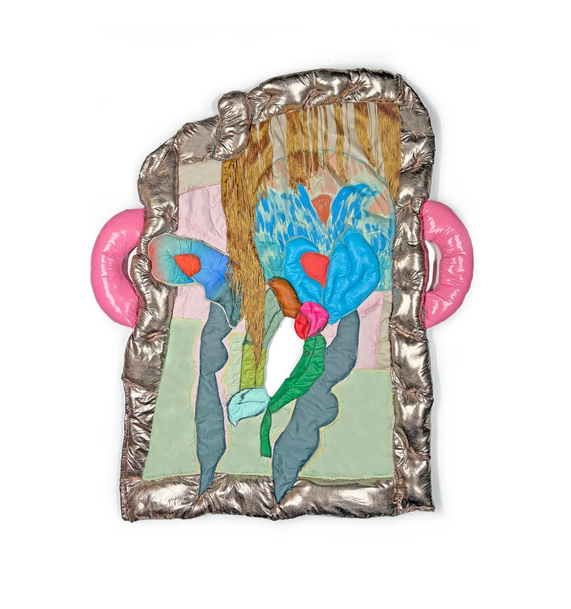 Silver metallic and pink puffer fabric wall sculpture with blue and green organic forms