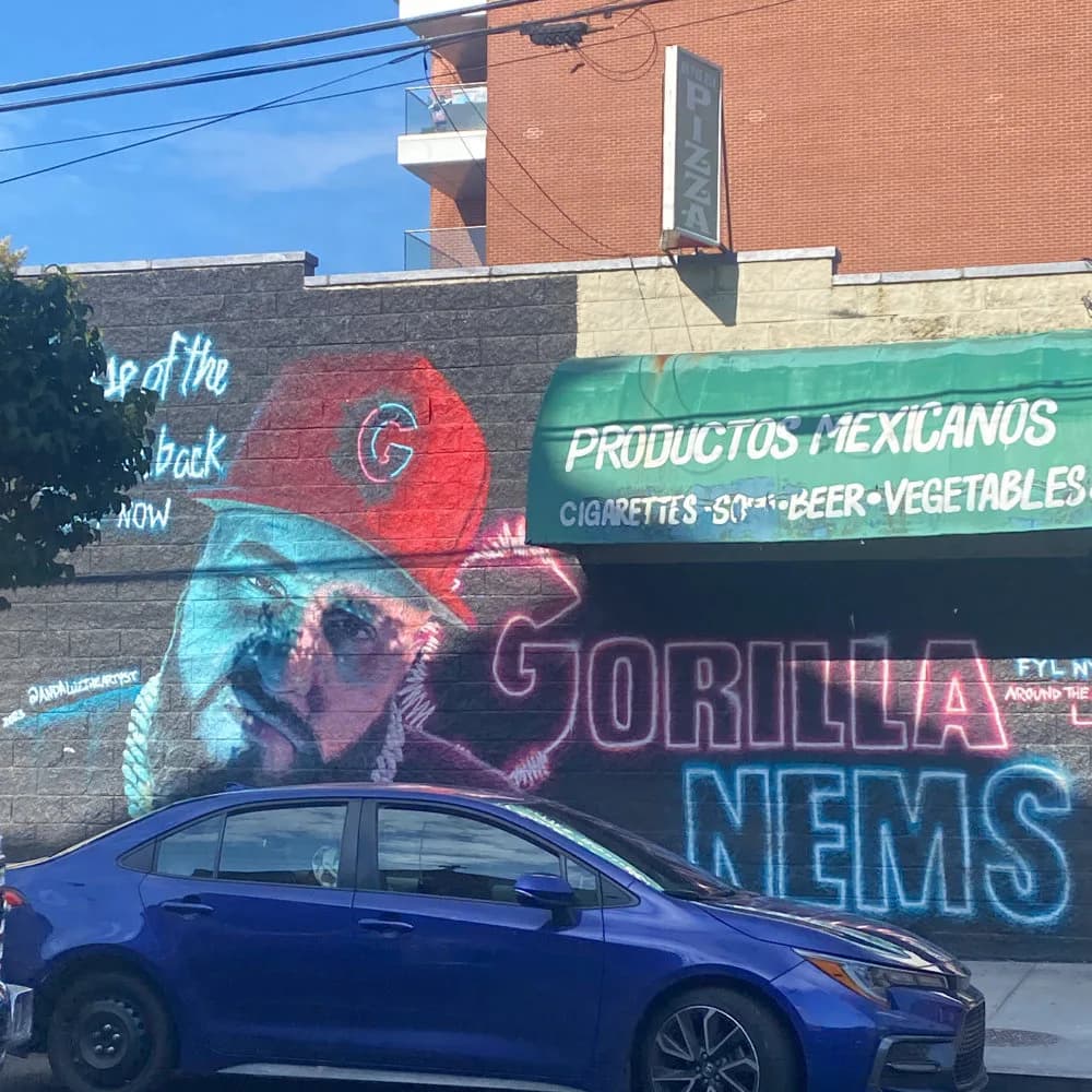 Street mural with red flower, purple gorilla figure, and neon "NEMS" text on brick wall; blue car parked in foreground.
