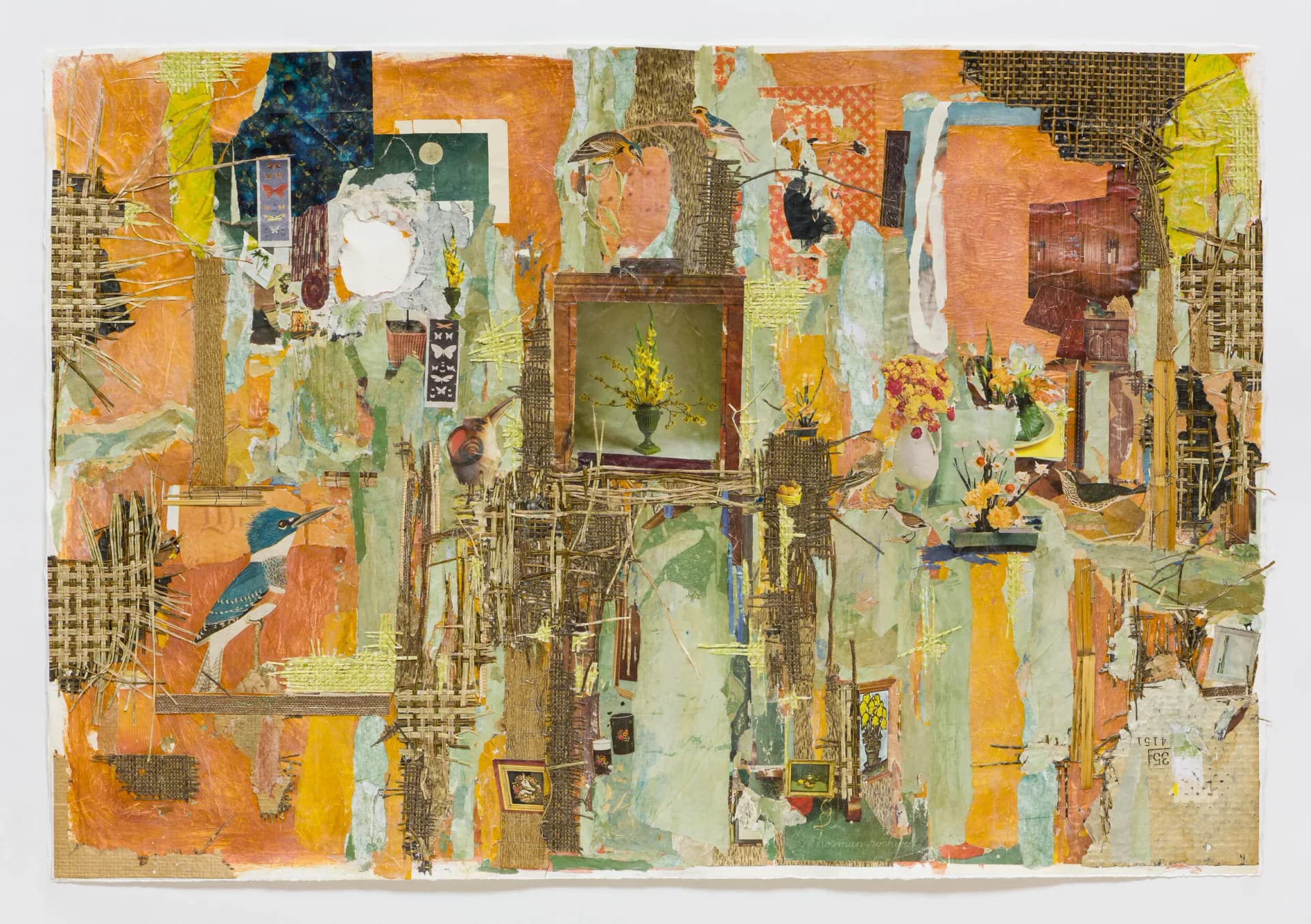 Large-scale mixed media collage with orange and green tones featuring birds, flowers, and woven materials