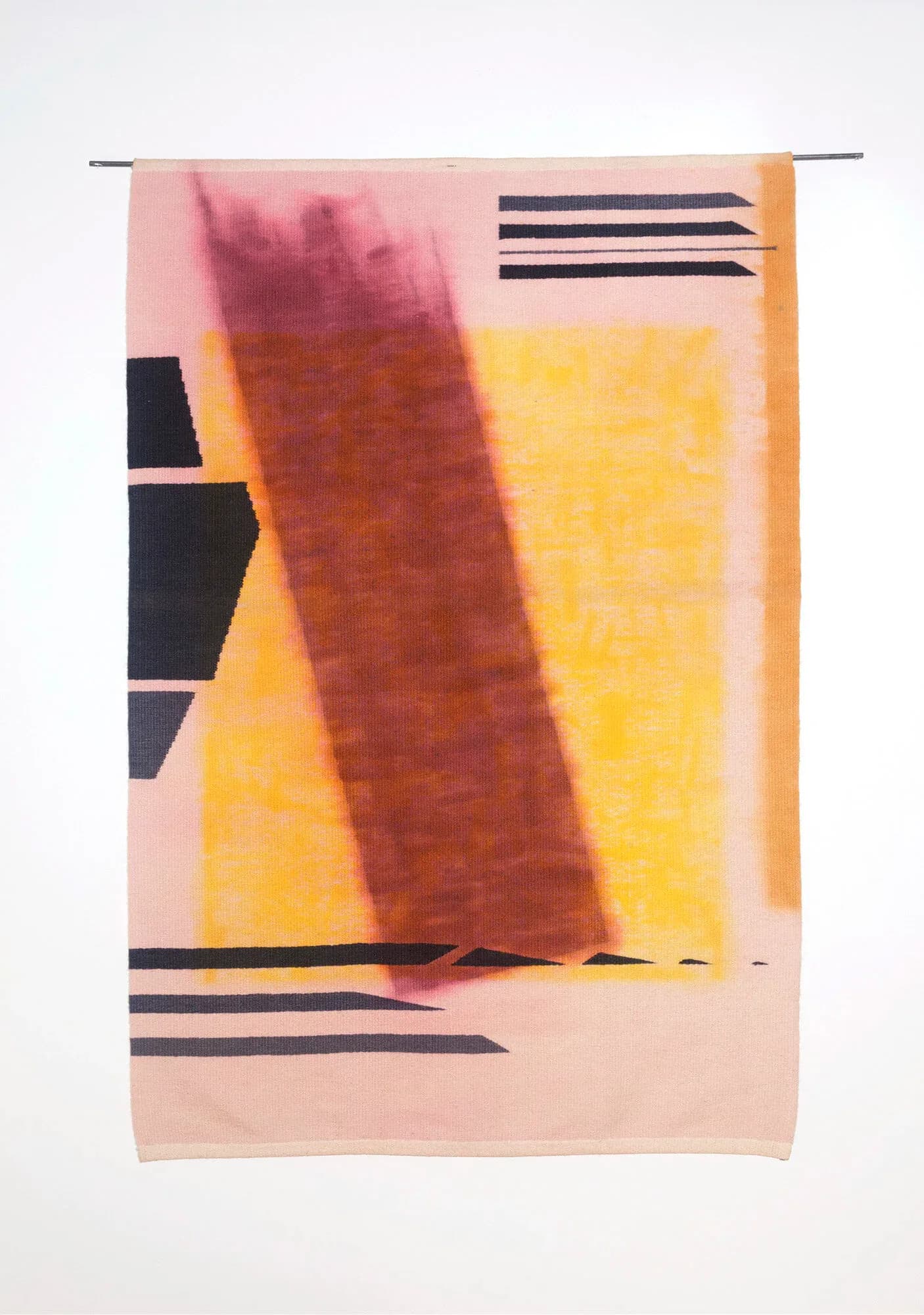 Woven tapestry with pink ground, large yellow rectangle and diagonal dark maroon stripe