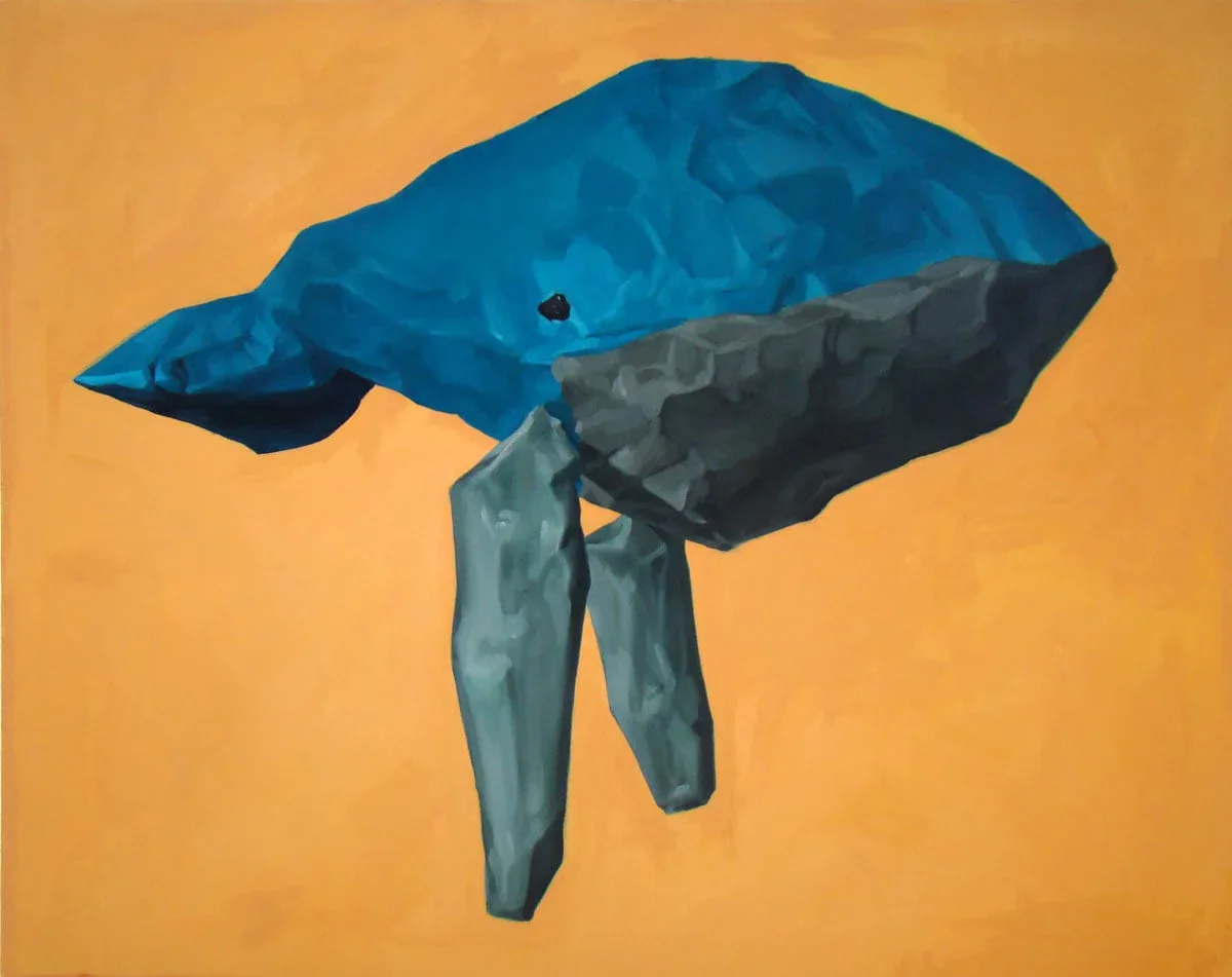 Painting of a low-poly blue whale toy on an orange background