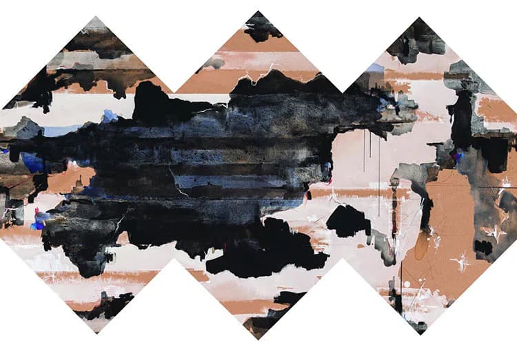 Abstract mixed-media painting with diamond-shaped composition featuring black gestural marks, peach, cream, and blue tones layered over distressed background.