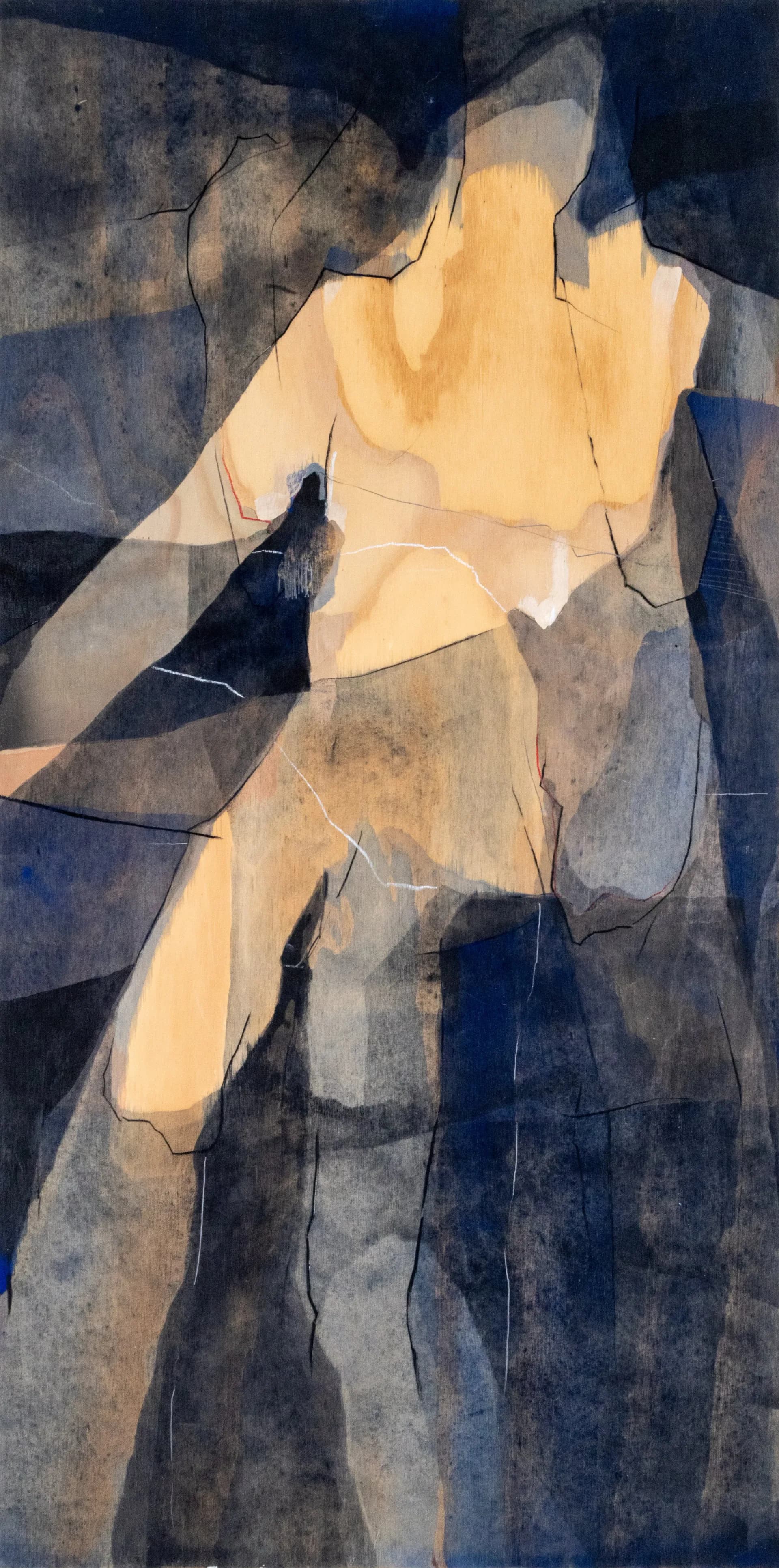 Abstract figurative painting with translucent cream and yellow forms outlined in black against deep navy and gray background, suggesting seated figure.