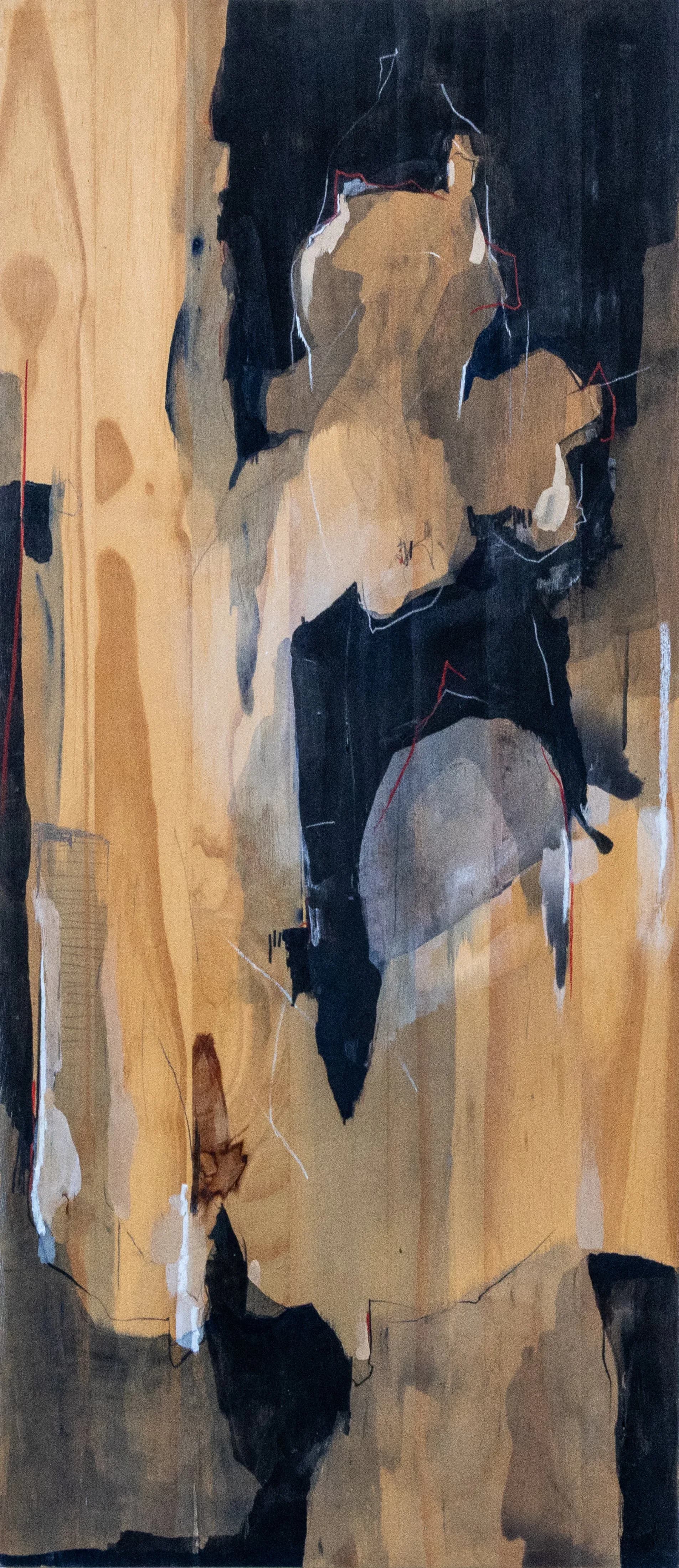 Vertical abstract composition with cream and tan organic shapes offset by dark navy and black planes; subtle mauve accents and linear marks suggest fragmented form.