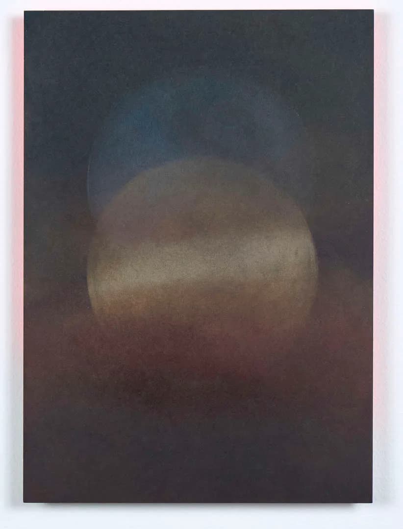 Vertical painting of a luminous moon-like sphere against a dark atmospheric background with pink edge glow