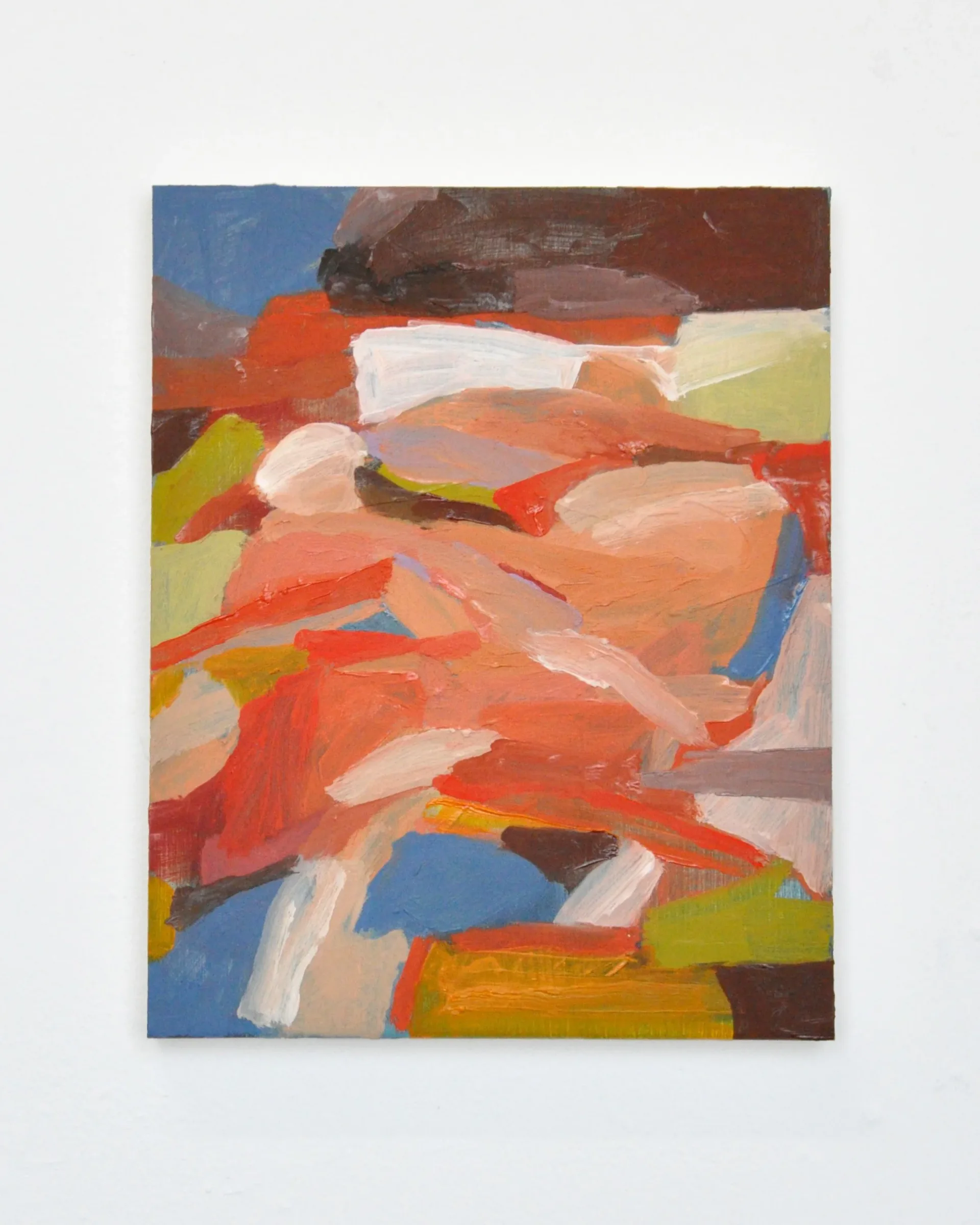 Abstract painting with warm earth tones, orange, pink, red and green fragmented planes