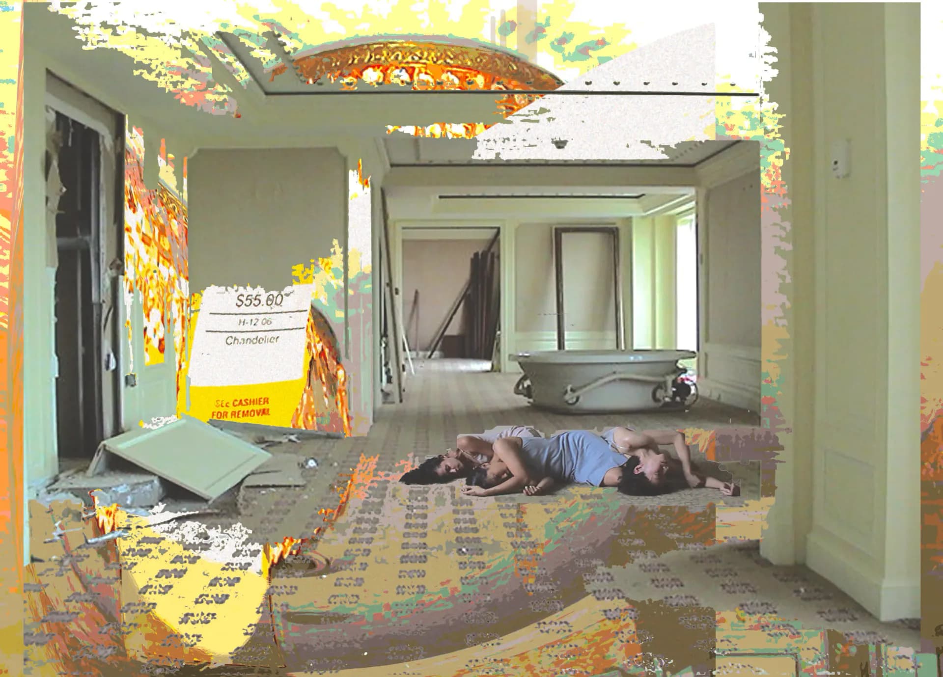Mixed-media installation photograph showing an interior space with figures, yellow and gray overlaid patterns, and architectural elements.