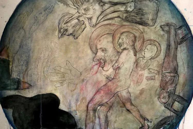 Mixed-media drawing on circular surface featuring abstracted figures with pink and flesh tones, graphite sketching, and gestural marks; surreal composition with overlapping forms.