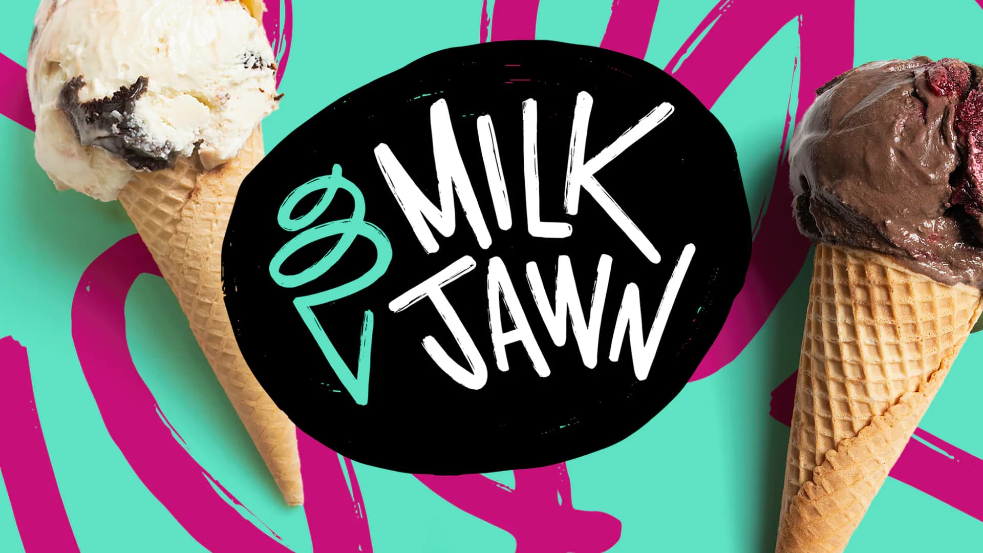 Milk Jawn ice cream brand identity with vibrant teal background and magenta brushstrokes