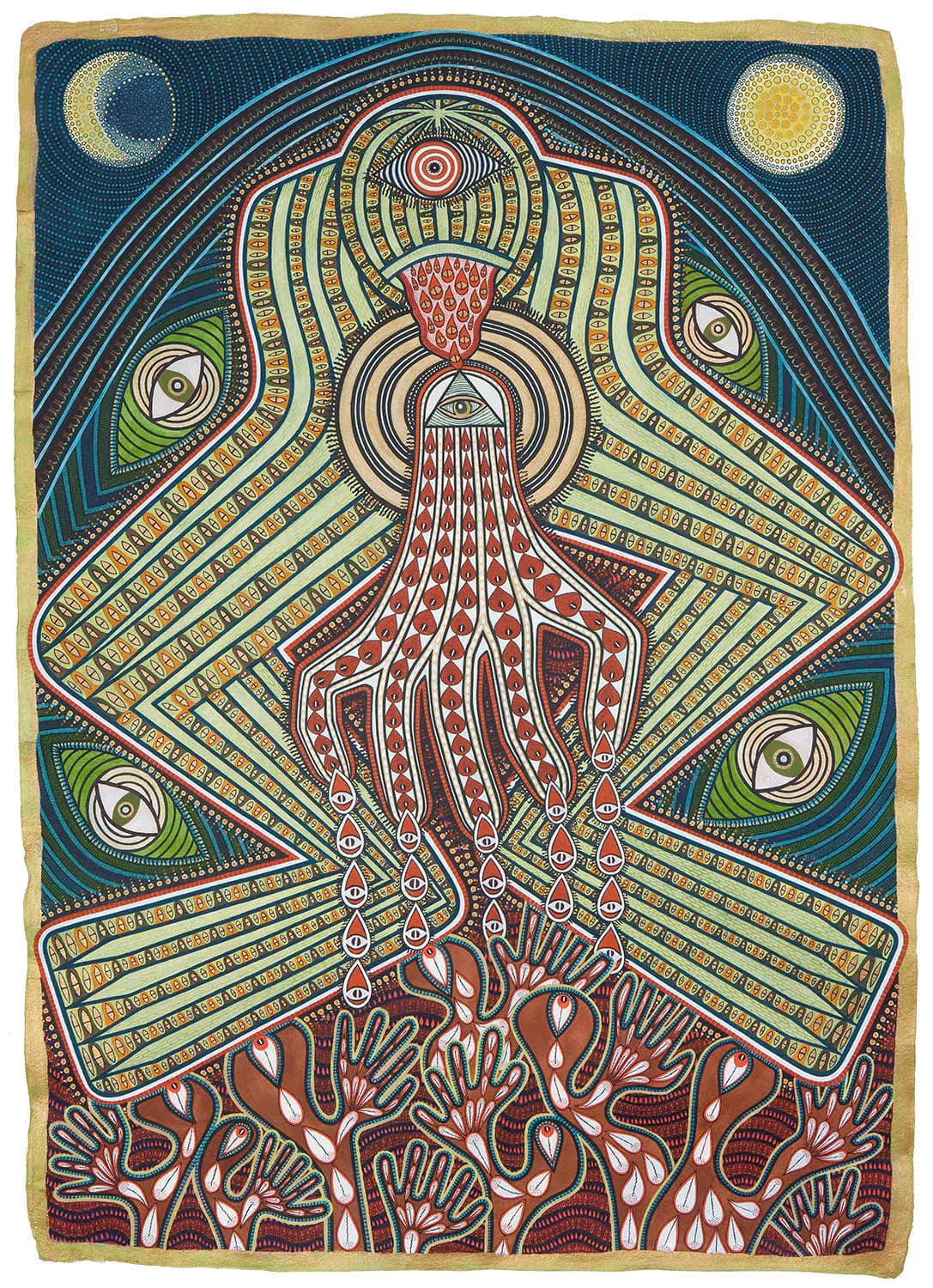 Intricate visionary artwork featuring a central eye-in-triangle motif with cascading teardrops, surrounded by layered geometric patterns, celestial bodies, and spiraling eyes in teal, green, and earth tones