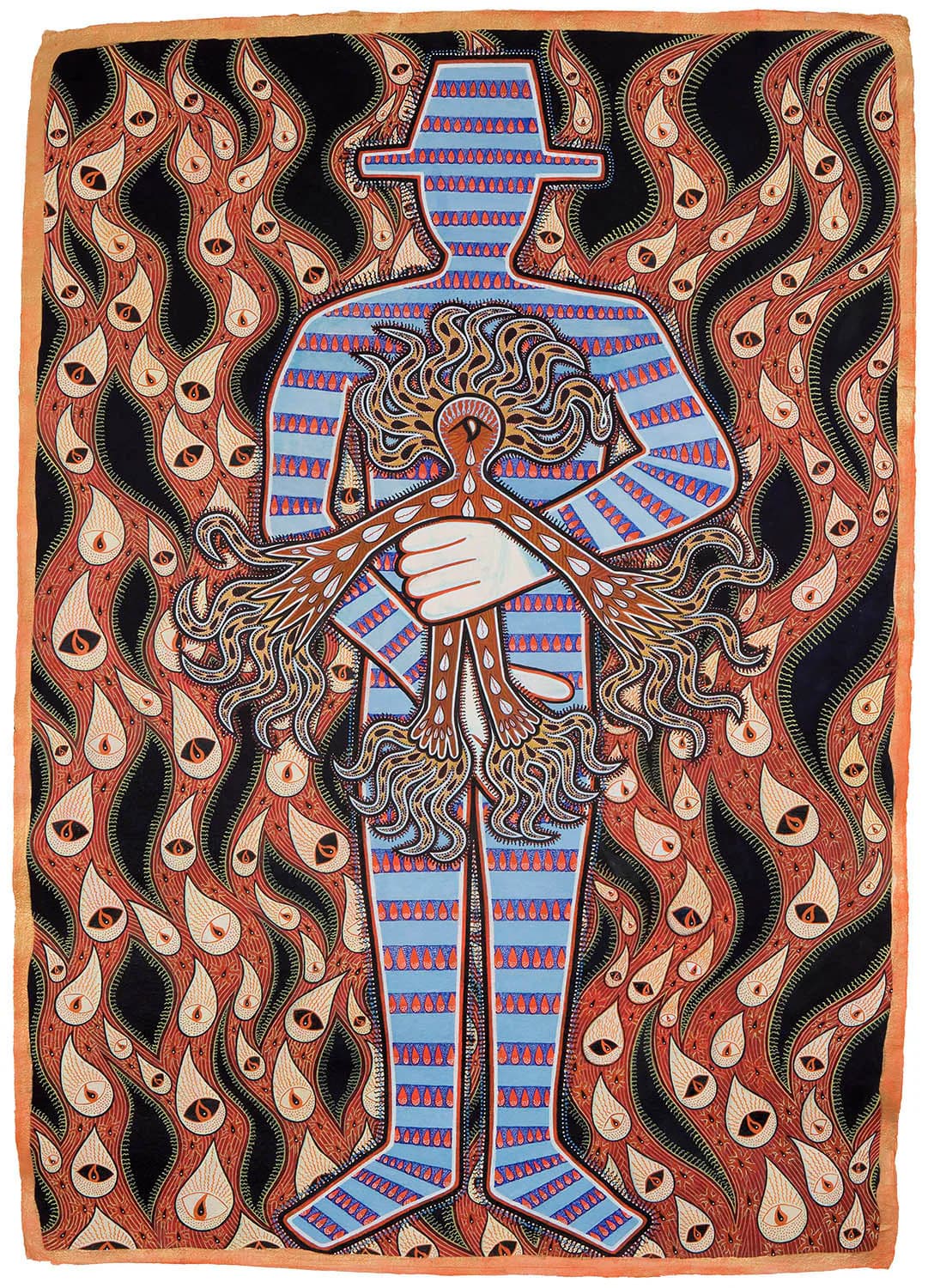 Visionary figurative painting of a headless striped blue humanoid form surrounded by flame-like teardrop shapes with eyes on a dark background, rendered in rust, blue, and cream tones