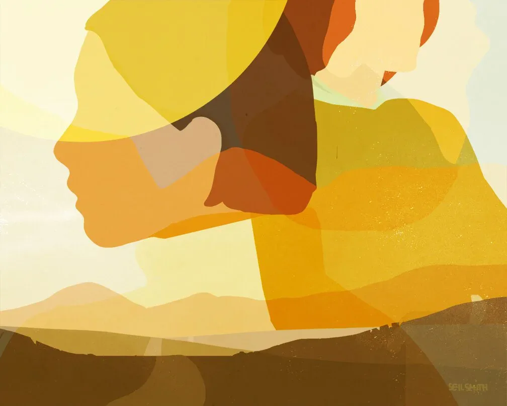 Abstract landscape with overlapping profile silhouettes in warm golden tones against desert hills