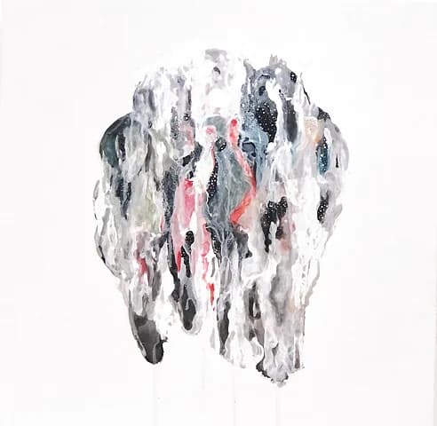 Abstract expressionist painting with vertical dripping composition in whites, blacks, and coral accents by Astrid Cravens.