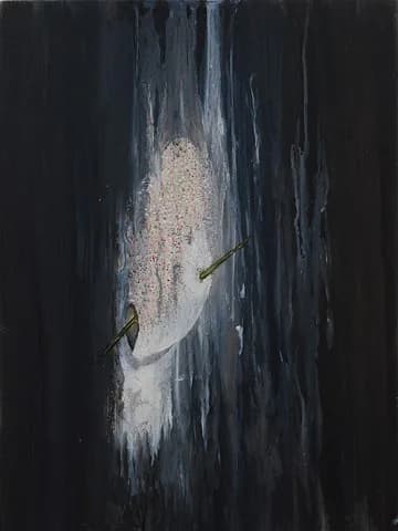 Vertical painting dominated by dark tones with a luminous central form suggesting water or light, with gestural brushwork by Astrid Cravens.