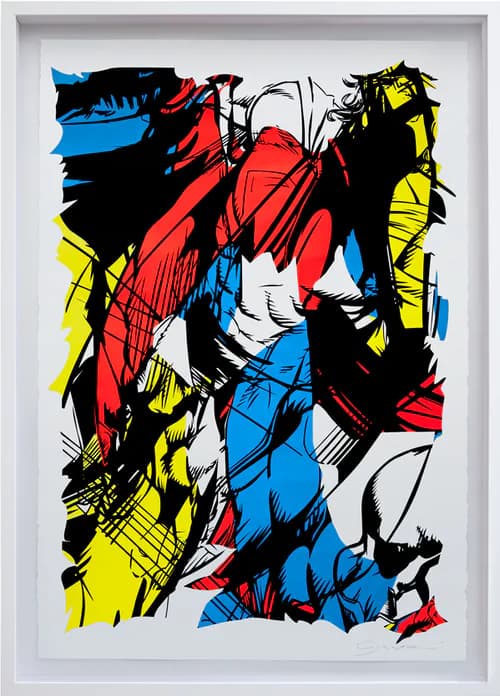 Framed print with bold abstract comic-inspired forms in red, blue, yellow, and black