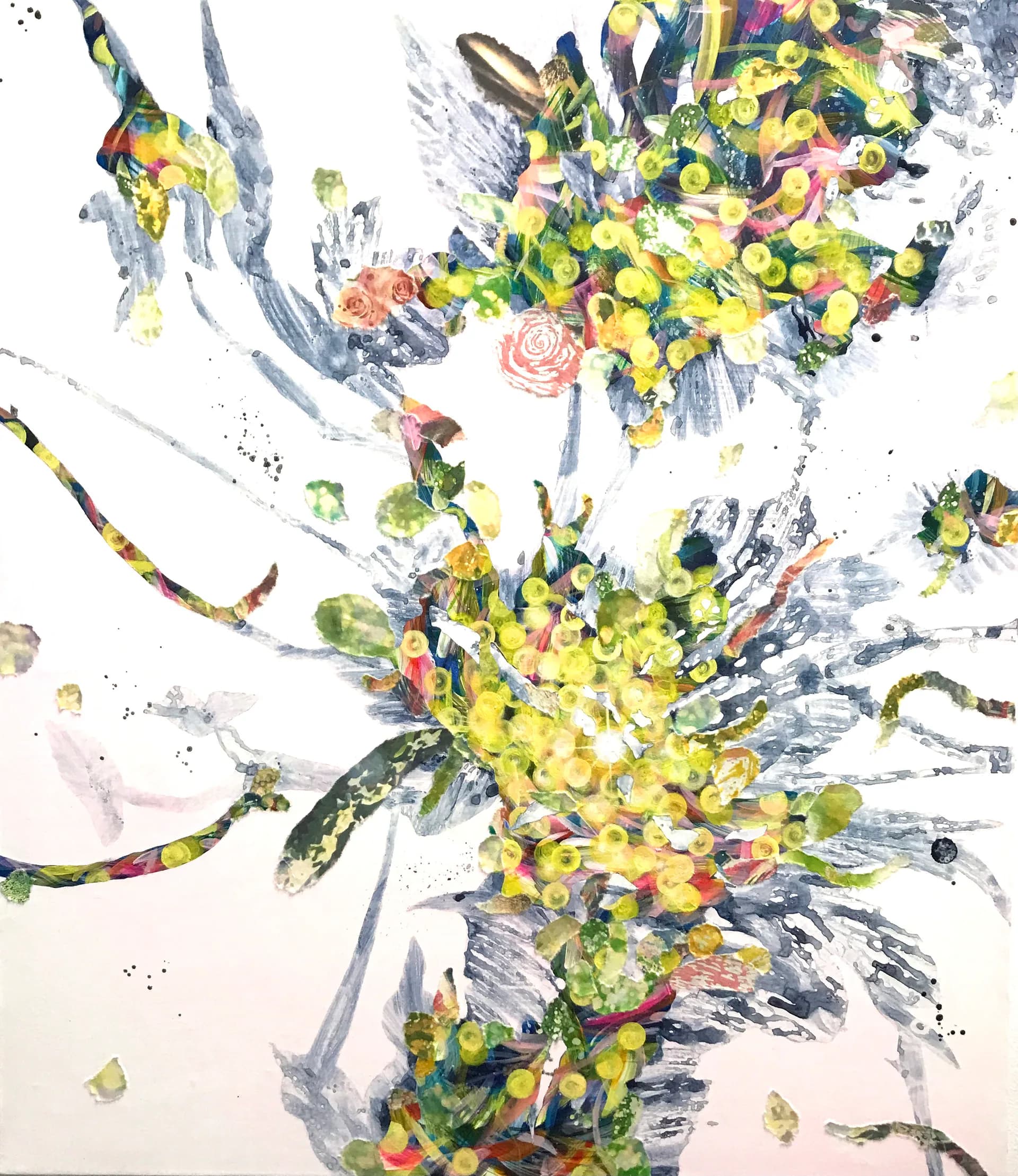 Mixed-media artwork with explosive clusters of yellow flowers and green foliage scattered across white paper, accented with splashes of color and gestural gray brushstrokes.