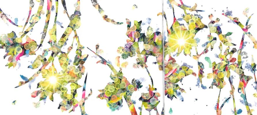 Horizontal composition of hanging floral clusters with bright yellow blooms, multicolored leaves, and stems suspended against white, creating a cascading botanical arrangement.