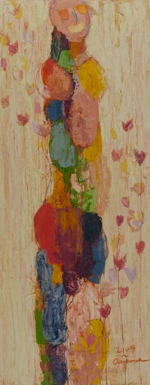 Colorful abstract figurative painting of a standing figure with floral motifs