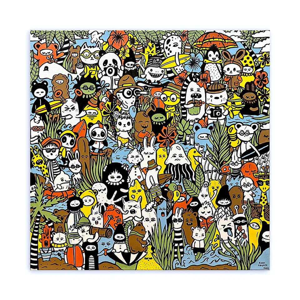 Intricate black and white ink illustration crowded with fantastical creatures, animals, and characters among foliage and nature elements.