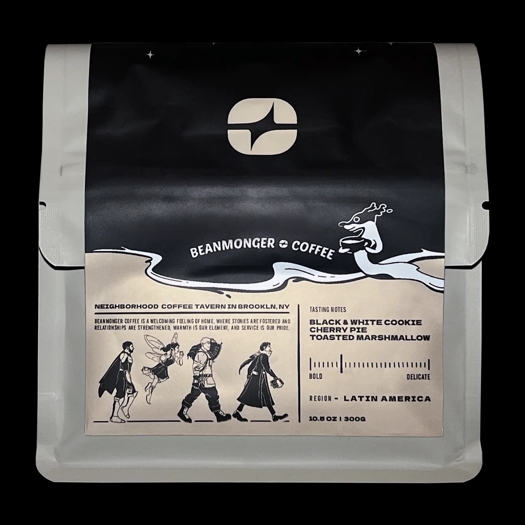 Beanmonger Coffee bag back label with illustrated dragon mascot and walking fantasy characters