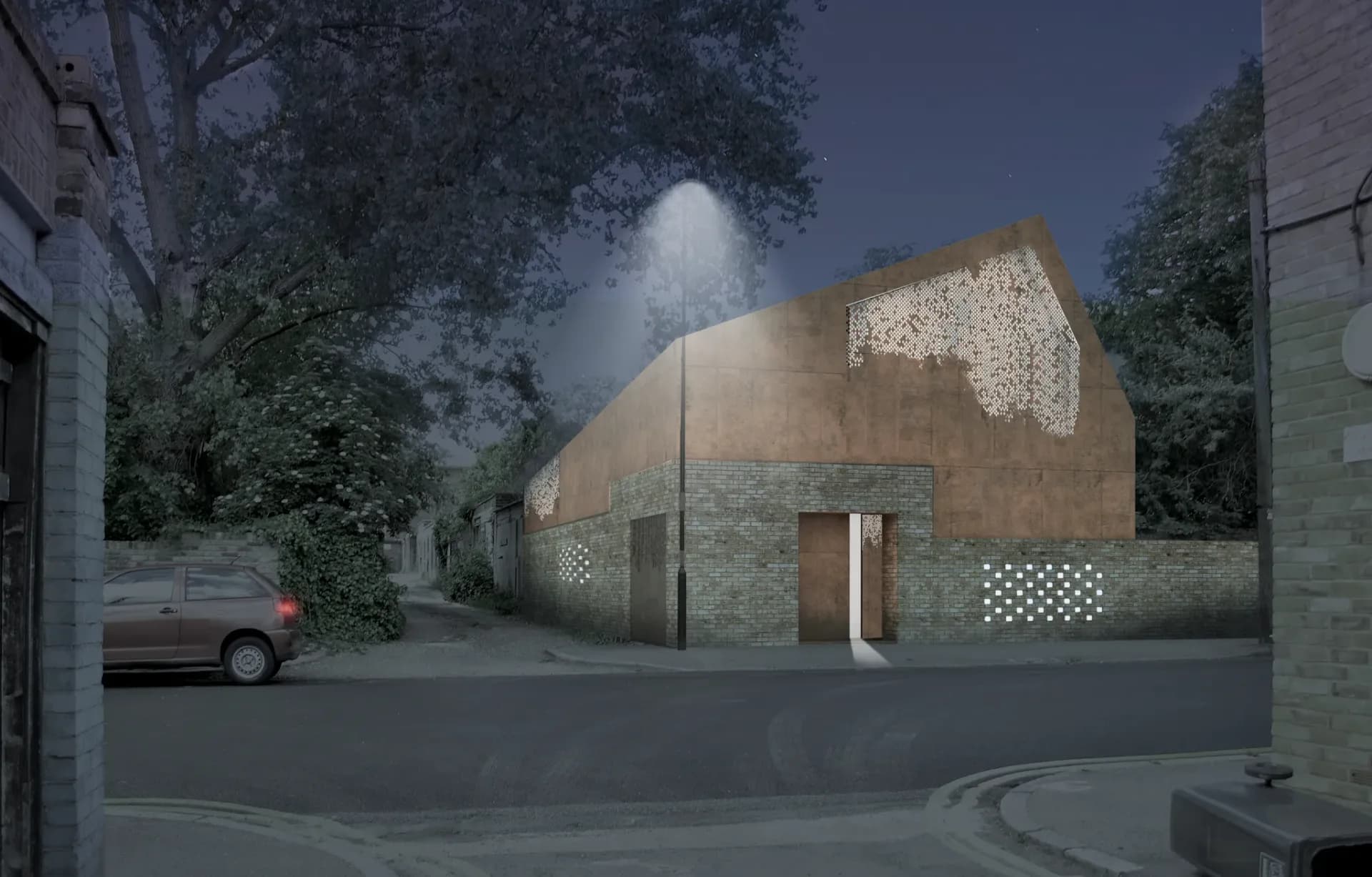 Architectural rendering of curved modern building facade with perforated bronze-colored metal and stone base, lit at dusk with surrounding greenery.