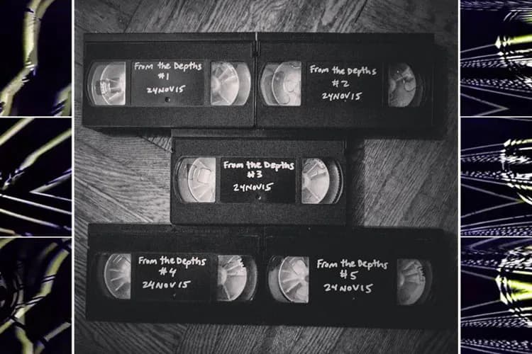 Five black VHS tapes arranged on a wooden surface, each labeled "From the Depths" with different dates, creating an installation documenting temporal progression.