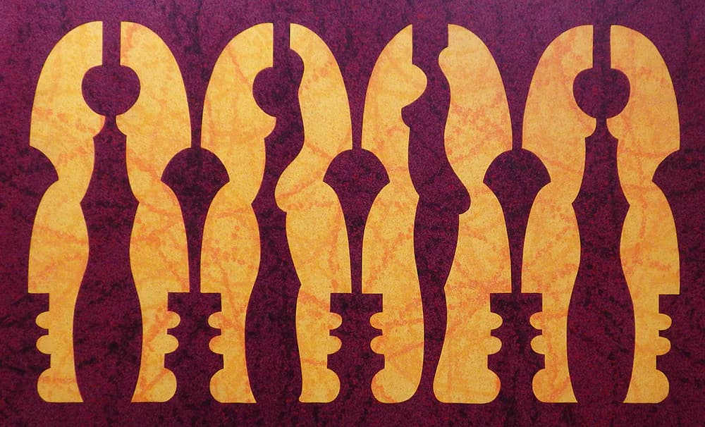Golden silhouettes of eight human figures with puzzle-piece cutouts and key motifs, arranged symmetrically on deep purple background.