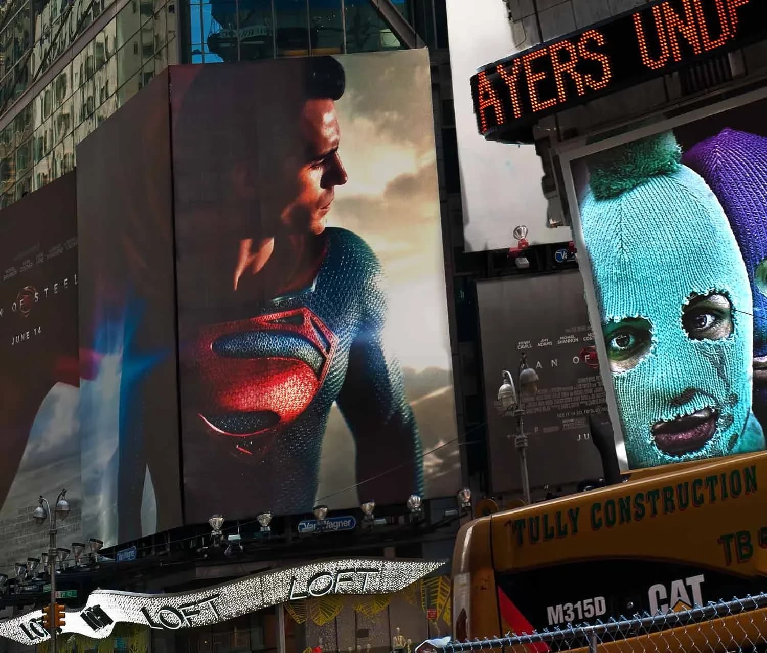 Composite photograph of Superman billboard and knitted-mask figure in Times Square