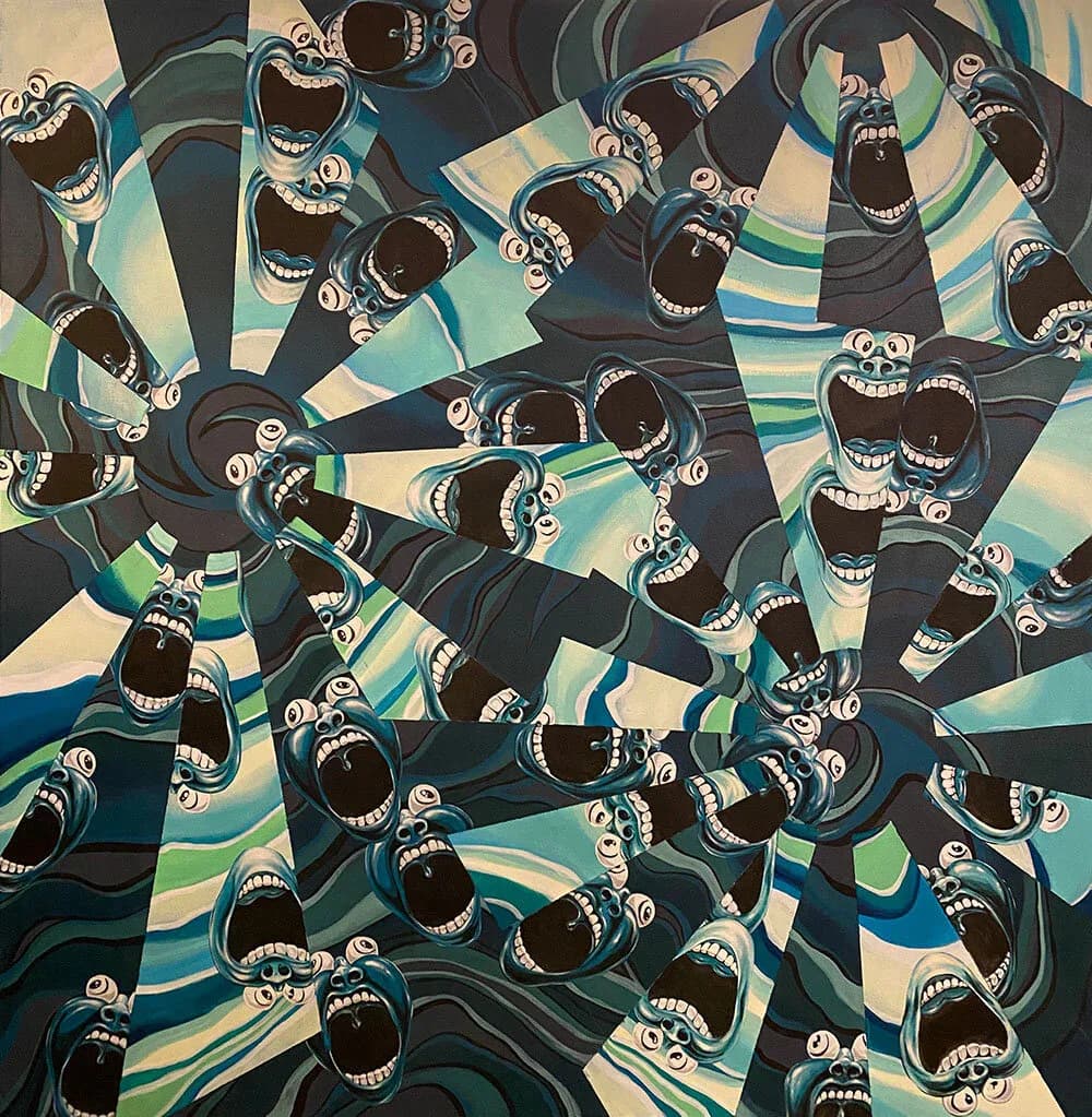 Dense pattern of screaming faces with eyes in teal and black