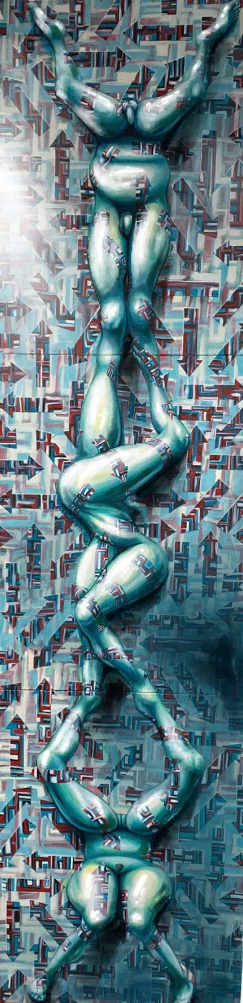 Tall vertical painting of intertwined teal human figures against arrow-patterned background