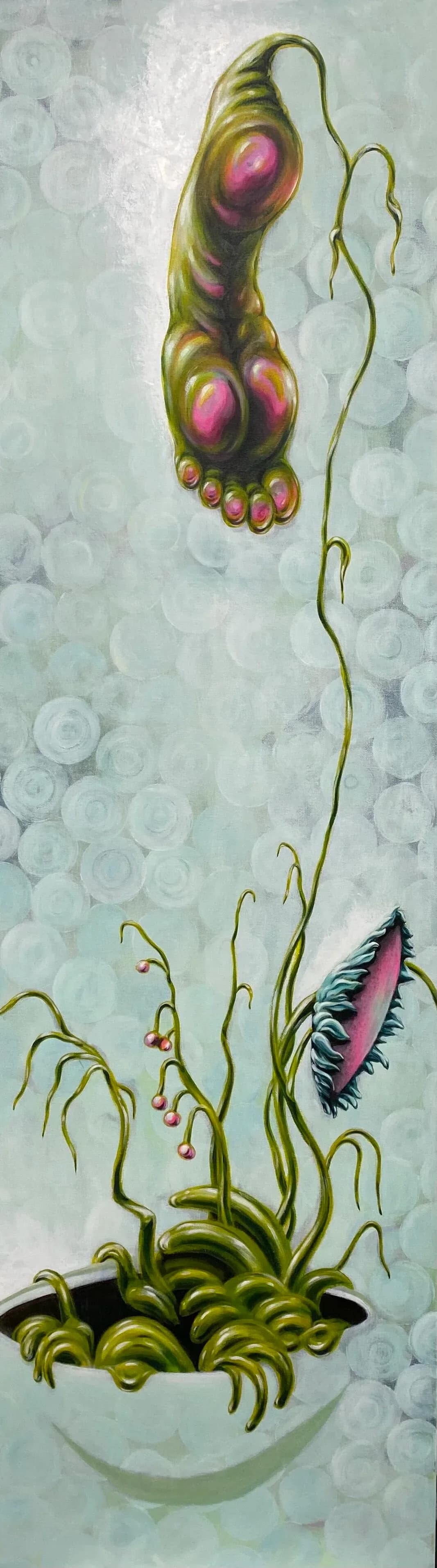 Surreal painting of a potted plant with monstrous glowing eyes and colorful wing-like leaves