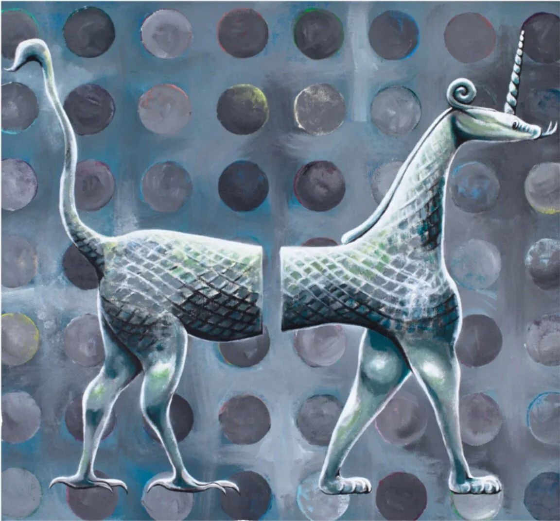 Split mythological creature with scales and unicorn horn against grey dotted background