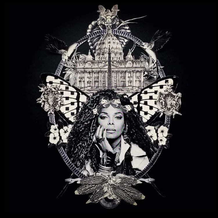 Black and white mixed-media composition featuring a woman's face surrounded by ornate architectural elements, butterflies, and a dragonfly in symmetrical arrangement.