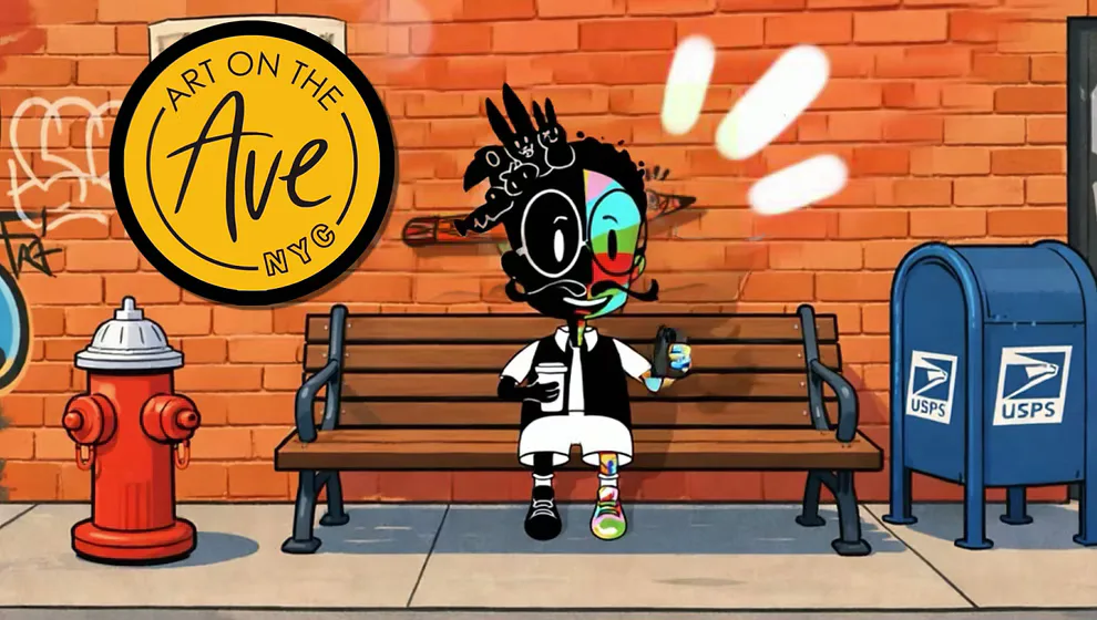 Stylized mural of a cartoon character in black and white dress sitting on a bench, with fire hydrant and mailbox, on a brick wall.