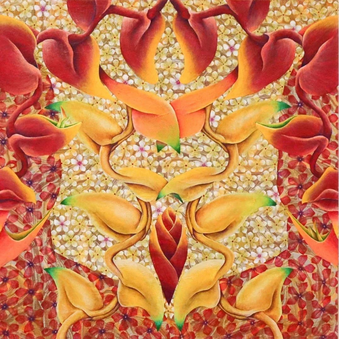 Vibrant symmetrical mixed-media piece featuring red and orange bell peppers arranged with beaded or pearl-like textures on warm background tones.